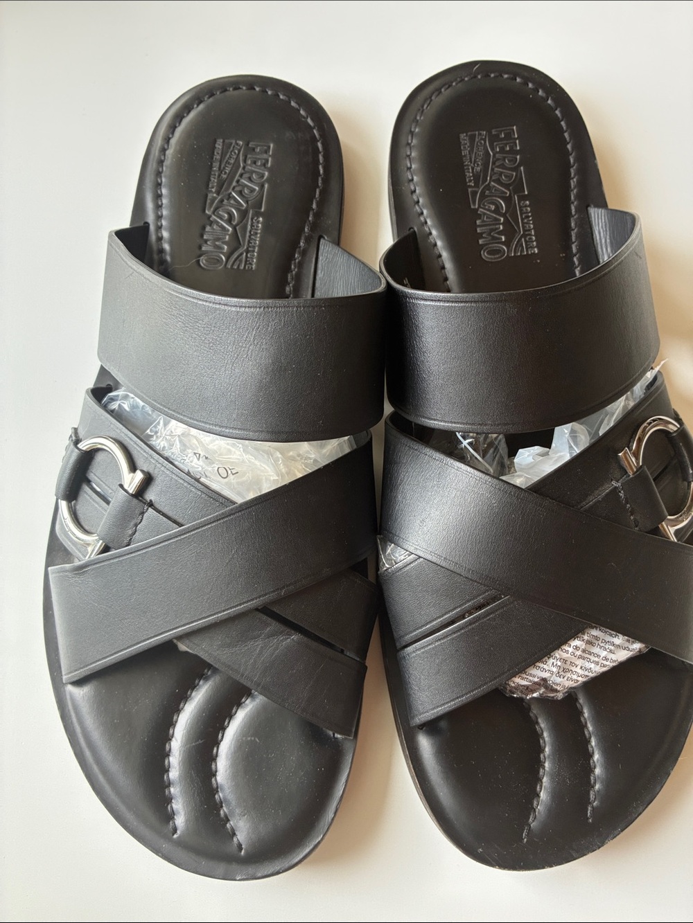Salvatore Ferragamo Black Leather Cross-Strap Slide Sandals